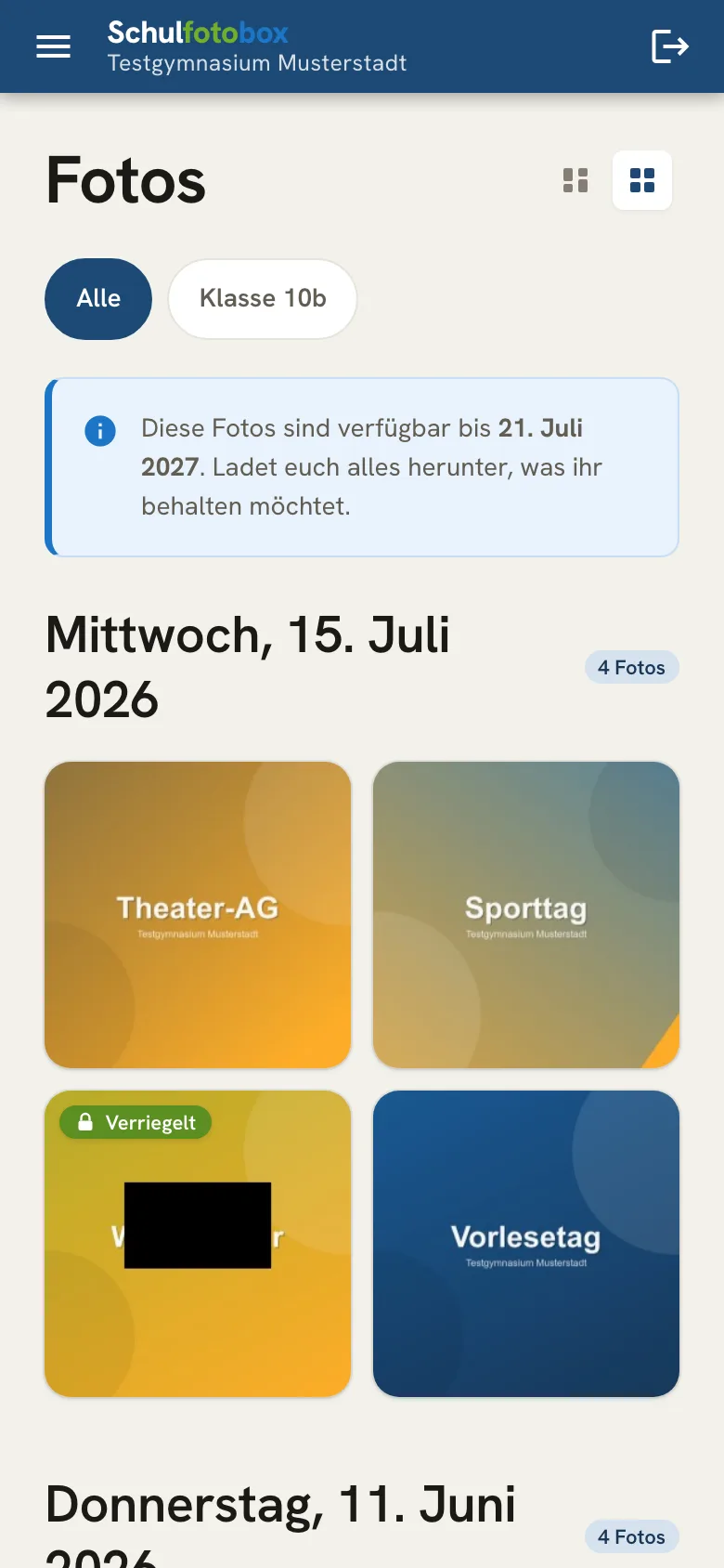 Die Galerie am Handy: Fotos der eigenen Klasse, nach Aufnahmetag gruppiert.