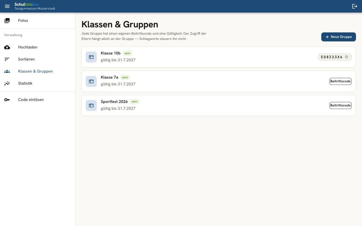 Die Klassenverwaltung: Klassen mit Gültigkeitszeitraum, Beitrittscodes und Mitgliederzahl.