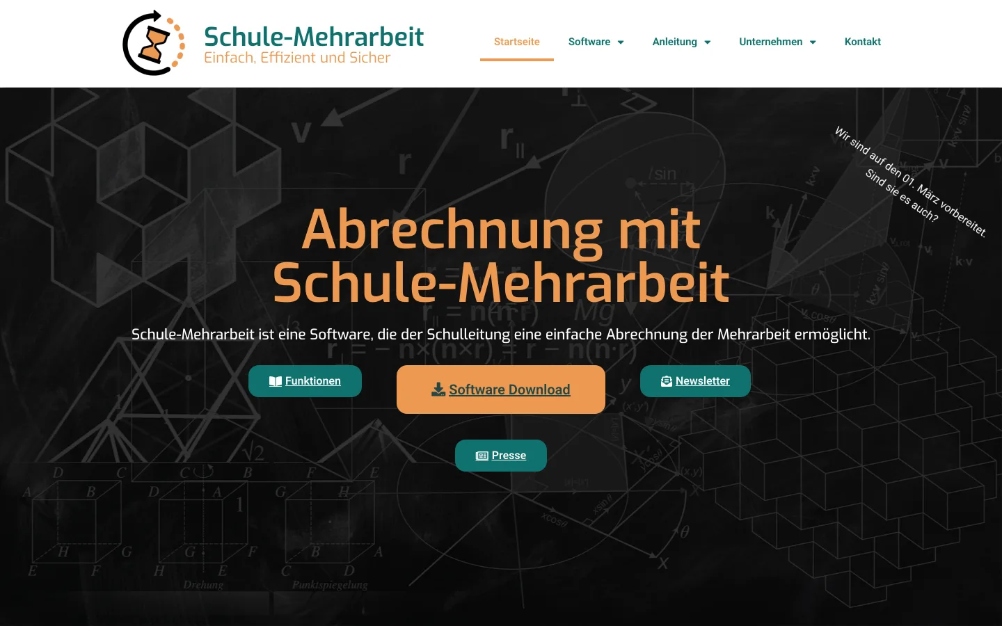 Die Startseite von Schule-Mehrarbeit.de: Abrechnung der Mehrarbeit für Schulleitungen — einfach, effizient und sicher.