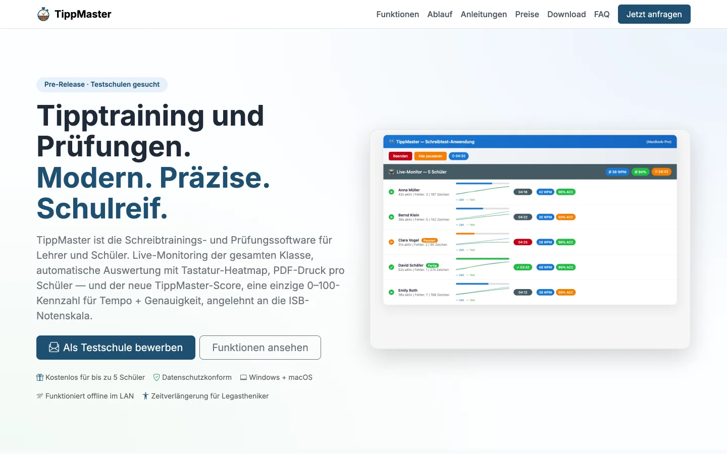 Die Startseite von TippMaster.org: Tipptraining und Prüfungen mit Live-Monitor der ganzen Klasse.